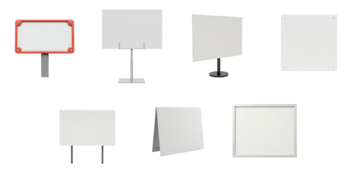 Collection of Various Blank Signs and Boards on transparent Background Featuring Different Shapes and Stands for Versatile Display Uses
