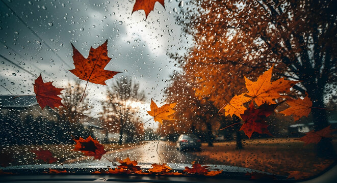 Autumnal Driveway Reflections: A Rainy Day Journey Through Seasonal Scenery