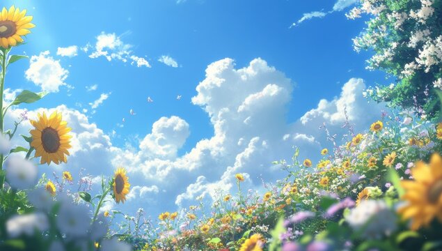 Japanese-inspired sunflowers in vivid anime art with serene floral backdrop, warm nature symbolism for website headers.
