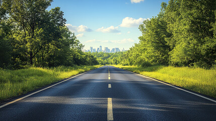 serene empty asphalt road surrounded by lush greenery, leading to cityscape in distance