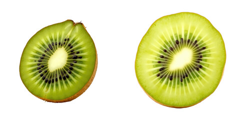 Fototapeta premium Two sliced kiwi fruits placed next to each other on a transparent background, showcasing their vibrant green flesh and contrasting transparent seeds, highlighting their freshness and texture.