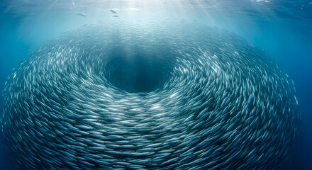 Underwater Swirl: A Massive School of Silver Fish Forms a Vortex