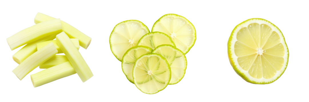 Sliced Citrus Collection Featuring Fresh Lemon Segments, Thin Lemon Slices, and Zesty Lemon Sticks Against a transparent Background for Culinary and Beverage Use