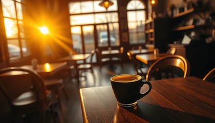 Interior view of a coffee shop at sunset
