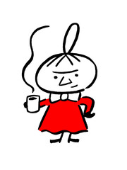 Cute angry girl in red dress holding a steaming cup in line art style
