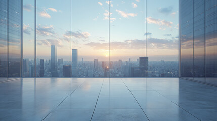 Fototapeta premium modern empty space with stunning city skyline view at sunset, creating serene atmosphere