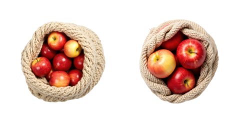 Two woven baskets filled with fresh red and yellow apples, set against a transparent background. One basket has a mix of shiny red apples while the other features more yellow-tinted varieties.