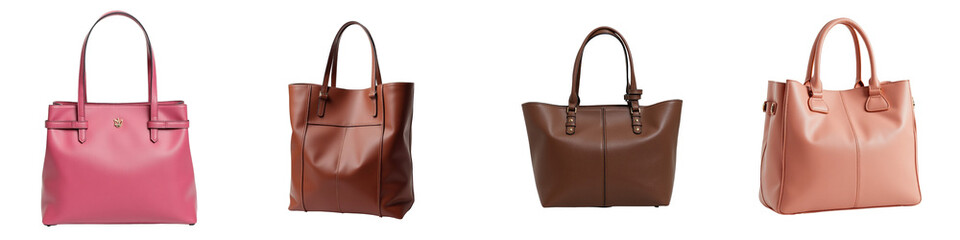 Collection of Stylish Handbags Featuring a Pink Purse and Three Elegant Brown Tote Designs on a transparent Background