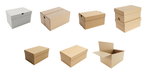 Collection of Various Cardboard Boxes on transparent Background Featuring Different Sizes and Styles Including Open and Closed Designs