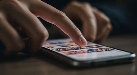 Fototapeta premium Close Up Of Person Using Smartphone Thumb Scrolling App Interface Featuring Neutral Light For Mobile Technology And Online Activity Concept