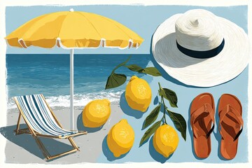 Obraz premium Bright beach scene featuring a yellow umbrella, striped lounge chair, fresh lemons, a wide-brimmed hat, and sandals, evoking a relaxing summer atmosphere by the sea