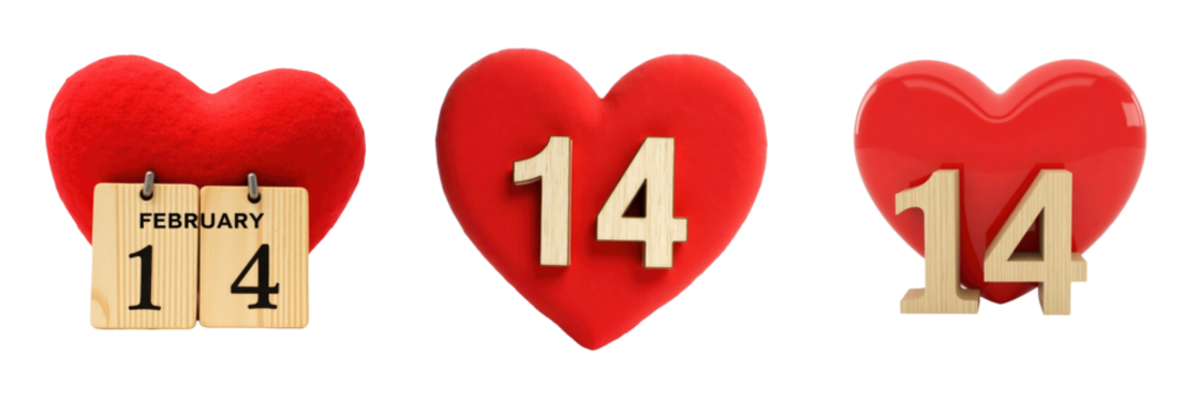Collection of Three Valentine's Day Hearts Featuring Different Styles: A Felt Heart with a Calendar Showing February 14, a Glossy Red Heart, and a Classic Red Heart with a Bold Number 14 - Powered by Adobe