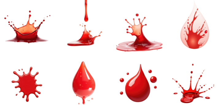 Collection of Red Liquid Splashes and Droplets on transparent Background Featuring Various Shapes and Sizes Perfect for Graphic Design and Artistic Projects
