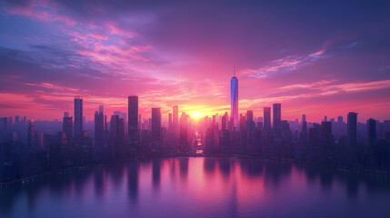Fototapeta premium glowing futuristic city skyline at dramatic sunrise, reflecting vibrant colors on water