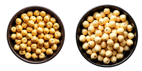 Two round bowls filled with small, round, yellow fruits, displayed against a transparent background, showcasing distinct sizes and shapes for visual comparison.