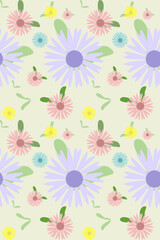 Obraz premium Bright illustration of colorful flowers with green leaves, seamless patterns design for decorative, wall, wallpaper, wrapping paper, fabric, silk, scarf, book, wall, backdrop and etc.