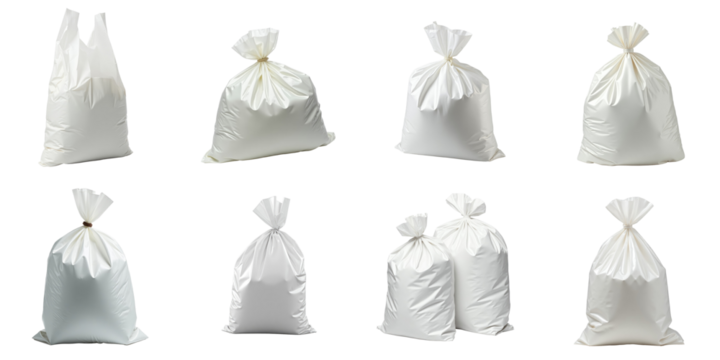 A collection of various white plastic bags displayed in different sizes and shapes, showcasing both open and tied designs against a solid transparent background.