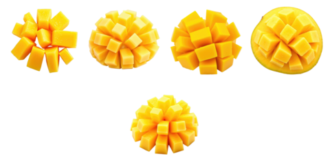 Collection of Variously Shaped Diced Mango Cubes on a transparent Background Showcasing Bright Yellow Color and Different Arrangements for Culinary and Graphic Uses