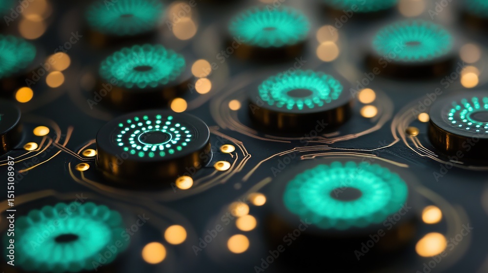 Poster a macro zoom image of mint green circular patterns formed by precise connections on a black circuit 