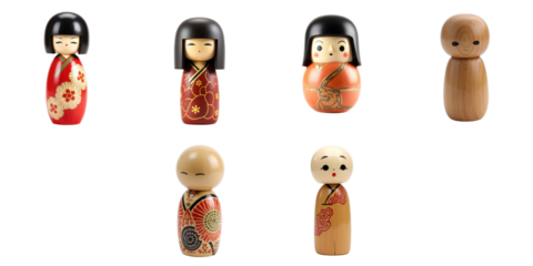 Collection of Traditional Japanese Kokeshi Dolls Featuring Intricate Designs and Varied Expressions Against a transparent Background