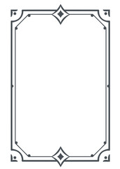 Rectangular frame with symmetrical diamond shapes and fine corner dots. Clean linear style for certificates, invitations, labels, or formal design projects. Vector illustration.
