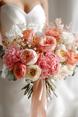 Beautiful bridal bouquet featuring a variety of pink and white flowers, elegantly arranged with delicate greenery and a soft ribbon, perfect for weddings and romantic occasions