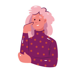 Woman with light pink curly hair touching her cheek and smiling in a thoughtful pose. Cartoon doodle vector illustration of girl for creative projects, education, websites, or office use.