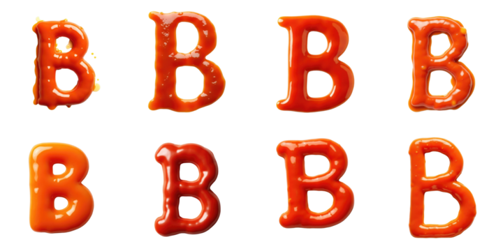 Colorful and Glossy Letter 'B' Collection in Various Shades of Orange and Red, Displayed on transparent Background, Featuring Dripping and Solid Styles for Creative Use