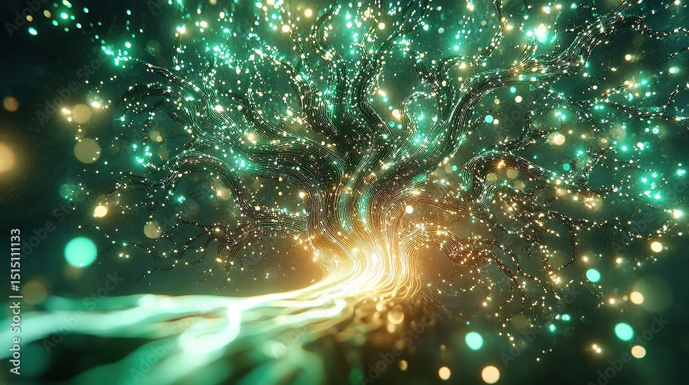 Poster a mesmerizing network of glowing circuits forming an abstract tree-like structure