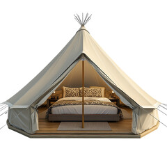 Cozy glamping tent setup with luxurious bedding and wooden floor, perfect for outdoor relaxation in nature