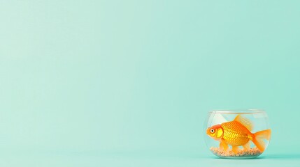 Single goldfish in a round glass bowl against a pastel blue background. Minimalist pet, aquatic life, and serenity concept.