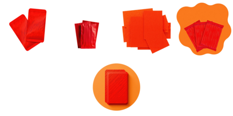 Vibrant Red Card Collection Featuring Various Textured Playing Cards Arranged in Distinctive Shapes Against a transparent Background with Orange Accent Shape