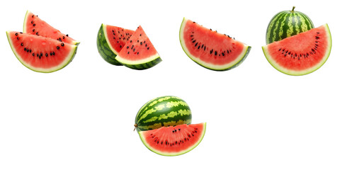 Collection of Watermelon Slices and Whole Fruit on transparent Background Featuring Various Angles and Cuts Highlighting Juicy Pink Flesh and Green Rind