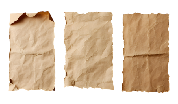 Three crumpled burned paper sheets isolated on transparent background