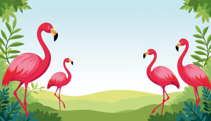 Fototapeta premium Vibrant flamingos strolling in lush greenery, tropical decor