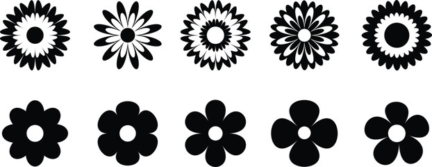 Groovy hippy flowers set. Spring flower vector set. Flower icon, hand drawn decorative. Flowers silhouette. Vector illustration.