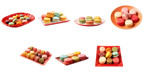 Colorful Macaron Display on Various Plates Arranged Artistically with a transparent Background Showcasing an Assorted Selection of Sweet Treats in Multiple Shades and Designs