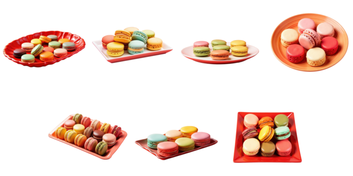 Colorful Macaron Display on Various Plates Arranged Artistically with a transparent Background Showcasing an Assorted Selection of Sweet Treats in Multiple Shades and Designs