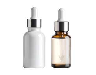 Essential Serum Duo: Showcase two elegant serum bottles with a pristine glass dropper, one translucent and the other amber, offering a clear view of their nourishing essence.