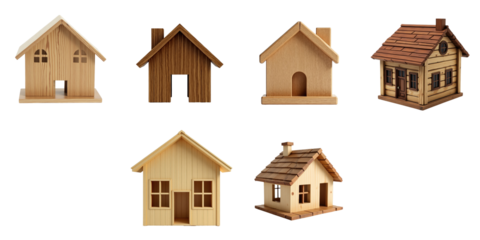 Collection of Six Wooden House Models Featuring Various Designs and Textures Set Against a transparent Background. Different Styles Include Simple, Rustic, and Detailed Structures.