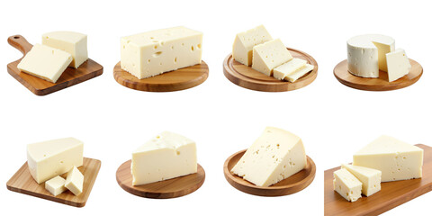 Assorted cheese varieties on wooden serving boards showcasing different shapes and textures, including blocks, slices, and rounds, against a transparent background.