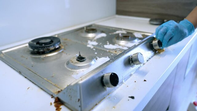Dirty stovetop surface needing cleaning. Stovetop shows signs of grease and food residue while a gloved hand reaches for a control knob in the kitchen.
