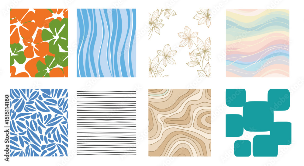 Poster collection of eight abstract patterned rectangles with varying color palettes and design styles