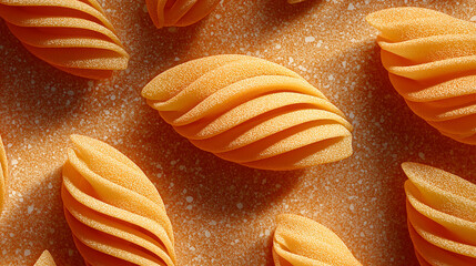 Spiral Pasta Delight: An alluring array of precisely formed pasta, beautifully presented, displaying its unique spiral form. perfect culinary art and a gastronomic adventure.