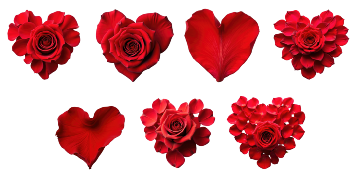 Collection of Red Rose Hearts and Floral Arrangements on a transparent Background Featuring Various Heart Shapes and Rose Petals, Ideal for Romantic Themes and Designs