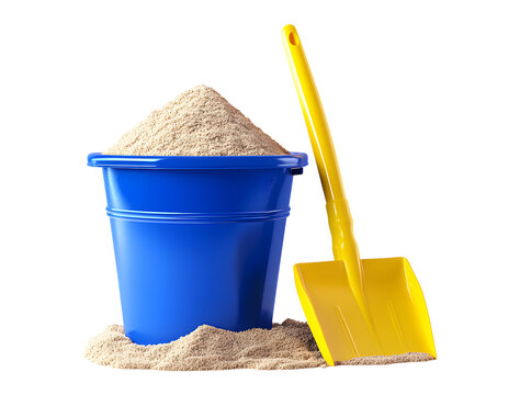Blue sand bucket and yellow shovel isolated on transparent background