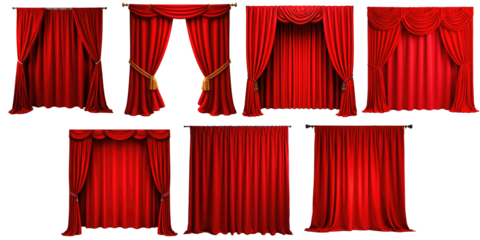 Collection of Elegant Red Velvet Stage Curtains Featuring Various Styles and Arrangements Against a transparent Background, Ideal for Theatrical Presentations and Decor