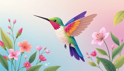 Obraz premium Graceful Hummingbird Feeding on Colorful Flowers Tropical Garden Digital Artwork Vibrant Environment Close-up View