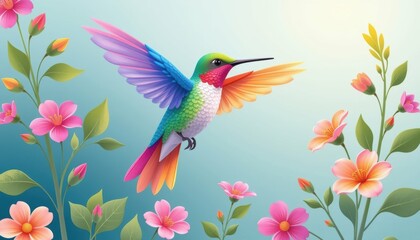 Graceful Hummingbird in Vibrant Garden Nature Scene Colorful Flowers Serene Environment Close-Up View Beauty