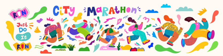 Design for City Marathon. Banner with happy sport  running people. Colorful design for marathon with characters girls and man